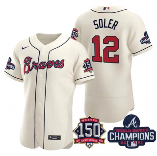 Jorge Soler #12 Atlanta Braves Mens 2021 World Series Champions 150Th Anniversary Limited Flex Base Jersey - Cream