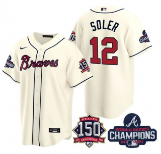 Jorge Soler #12 Atlanta Braves Mens 2021 World Series Champions 150Th Anniversary Patch Limited Cool Base Jersey - Cream
