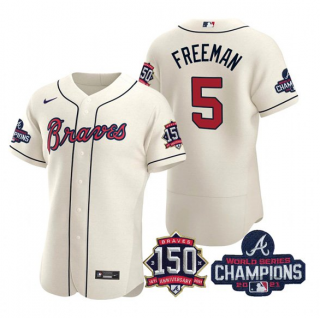 Freddie Freeman #5 Atlanta Braves Mens 2021 World Series Champions 150Th Anniversary Limited Flex Base Jersey - Cream