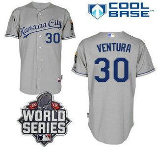 Kansas City Royals #30 Mens 2015 Yordano Ventura Away Baseball World Series Patch Limited Jersey - Gray