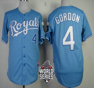 Alex Gordon #4 Kansas City Royals Mens 2015 Alternate Baseball World Series Patch Limited Jersey - Light Blue