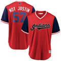 Shane Bieber #57 Cleveland Indians Majestic Mens 2018 Limited Not Justin Players Weekend Cool Base Jersey - Red Navy