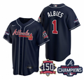 Ozzie Albies #1 Atlanta Braves Mens 2021 World Series Champions 150Th Anniversary Patch Limited Cool Base Jersey - Navy