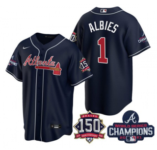 Ozzie Albies #1 Atlanta Braves Mens 2021 World Series Champions 150Th Anniversary Patch Limited Cool Base Jersey - Navy