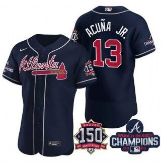 Ronald Acuna Jr #13 Atlanta Braves Mens 2021 World Series Champions 150Th Anniversary Limited Flex Base Jersey - Navy