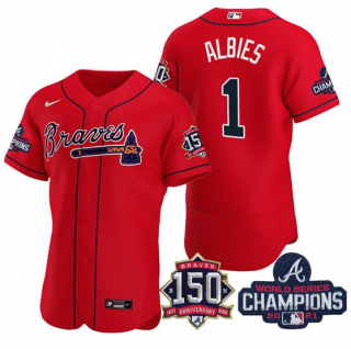 Ozzie Albies #1 Atlanta Braves Mens 2021 World Series Champions 150Th Anniversary Limited Flex Base Jersey - Red