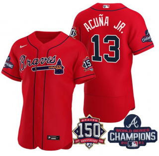 Ronald Acuna Jr #13 Atlanta Braves Mens 2021 World Series Champions 150Th Anniversary Limited Flex Base Jersey - Red