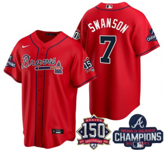 Dansby Swanson #7 Atlanta Braves Mens 2021 World Series Champions 150Th Anniversary Patch Limited Cool Base Jersey - Red