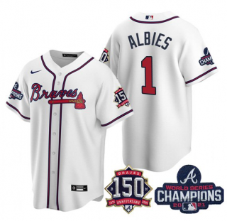 Ozzie Albies #1 Atlanta Braves Mens 2021 World Series Champions 150Th Anniversary Patch Limited Cool Base Jersey - White