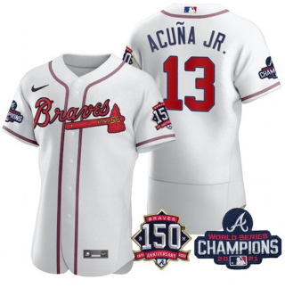 Ronald Acuna Jr #13 Atlanta Braves Mens 2021 World Series Champions 150Th Anniversary Limited Flex Base Jersey - White