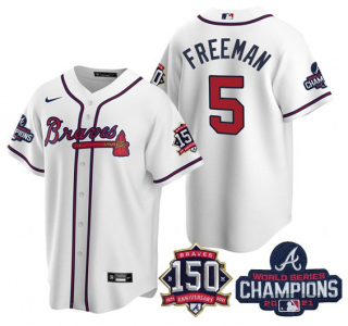 Freddie Freeman #5 Atlanta Braves Mens 2021 World Series Champions 150Th Anniversary Patch Limited Cool Base Jersey - White
