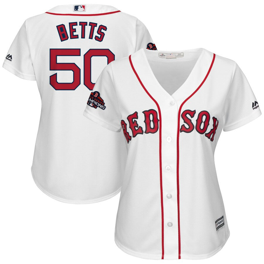 Mookie Betts #50 Boston Red Sox Majestic Womens 2018 World Series Champions Team Logo Limited Player Jersey - White