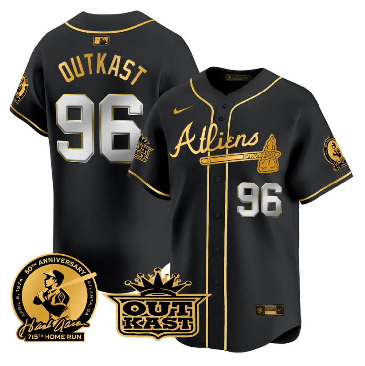 Hank Aaron #96 Atlanta Braves Outkast Atliens Patch Limited Blac Jersey