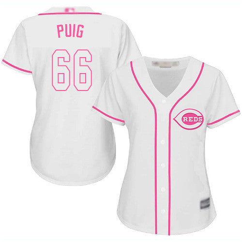 Cincinnati Reds #66 Womens Yasiel Puig Fashion Limited Baseball Jersey - White Pink