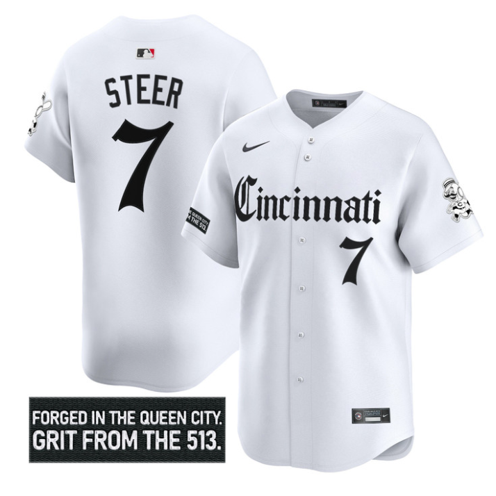 Spencer Steer #7 Cincinnati Reds Gothic Queen City Edition Limited Jersey - White