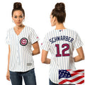 Kyle Schwarber #12 Chicago Cubs Majestic Womens Stars Stripes Fashion Independence Day Limited Cool Base Jersey - White
