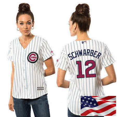 Kyle Schwarber #12 Chicago Cubs Majestic Womens Stars Stripes Fashion Independence Day Limited Cool Base Jersey - White