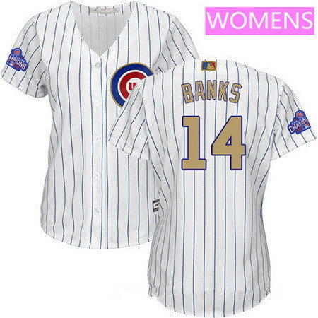 Ernie Banks #14 Chicago Cubs Majestic Womens 2017 World Series Champions Gold Limited Cool Base Jersey - White