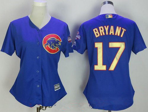 Kris Bryant #17 Chicago Cubs Majestic Womens 2017 World Series Champions Gold Limited Flex Base Jersey - Royal Blue