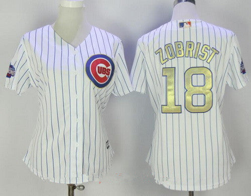 Ben Zobrist #18 Chicago Cubs Majestic Womens 2017 World Series Champions Gold Limited Cool Base Jersey - White