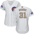 Greg Maddux #31 Chicago Cubs Majestic Womens 2017 World Series Champions Gold Limited Cool Base Jersey - White