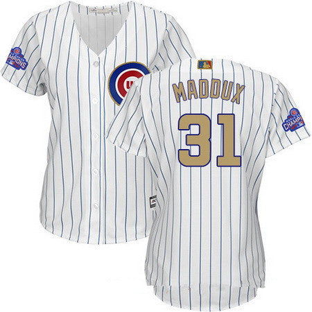 Greg Maddux #31 Chicago Cubs Majestic Womens 2017 World Series Champions Gold Limited Cool Base Jersey - White
