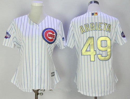 Jake Arrieta #49 Chicago Cubs Majestic Womens 2017 World Series Champions Gold Limited Cool Base Jersey - White